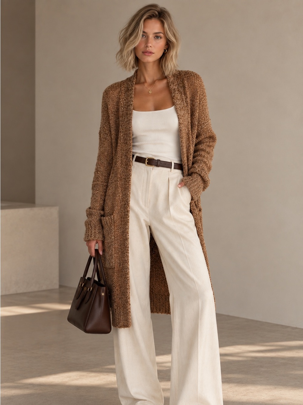 Long Open-Front Brown Cardigan Sweater